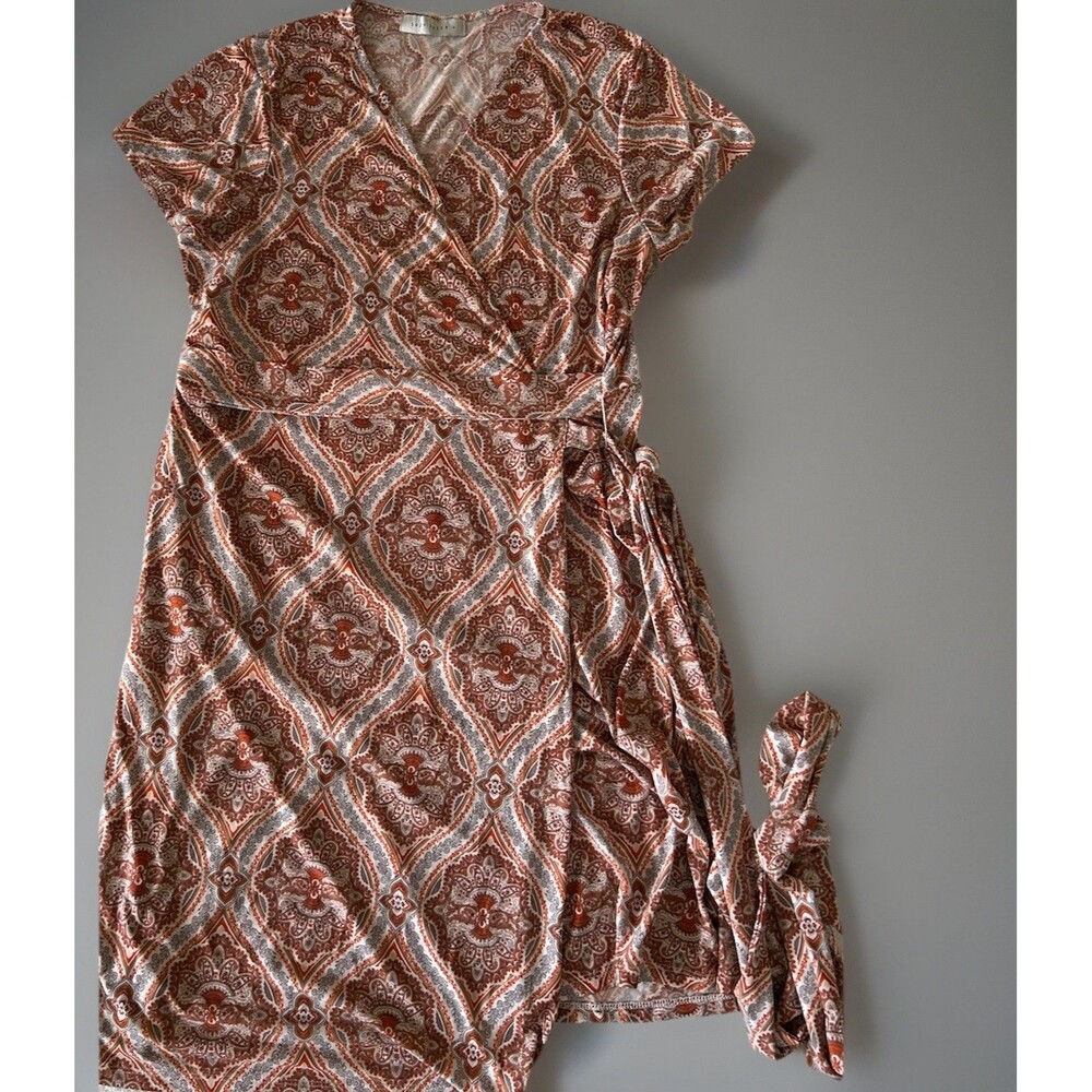 Suzy Shier + Paisley Wrap Dress 1X True Wrap Boho Rust Brown Midi Stretch - Picture 2 of 9